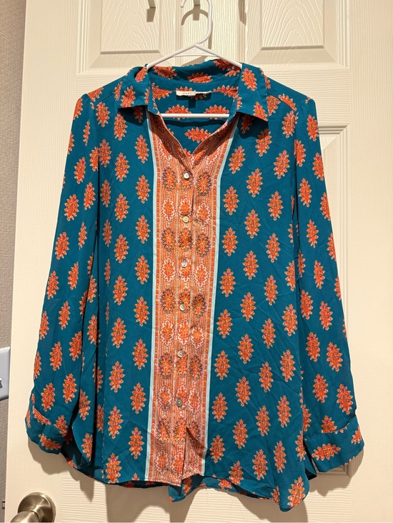 Rose & Olive Tops - Rose & Olive Teal Button-Down Shirt with Orange Print